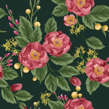 Peonies ve bej renkli arka plan üzerinde tatlı bezelye ile çiçek seamless modeli