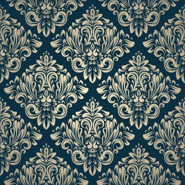 Detaylı vintage seamless modeli altın renk koyu mavi backgorund