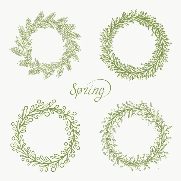 Ensemble Quatre Couronnes Florales Sur Fond Blanc Lettrage Printanier — Image vectorielle
