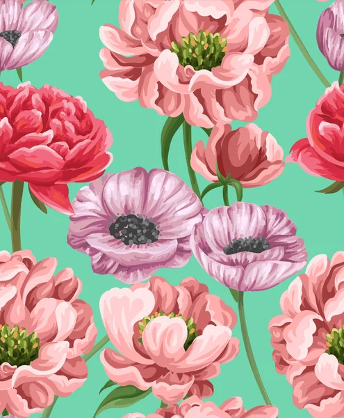 Patrón Sin Costura Floral Con Flores Estilo Acuarela Amapolas Rosas — Archivo Imágenes Vectoriales
