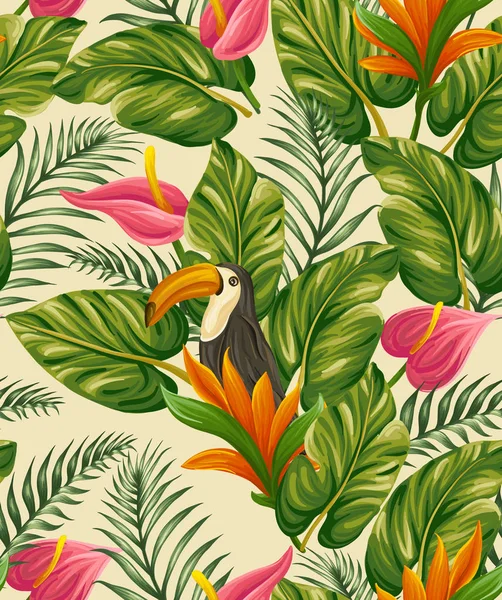 Florales Nahtloses Muster Mit Tropischen Blättern Blüten Und Tukan — Stockvektor