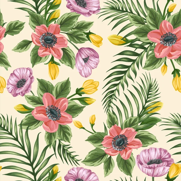 Floral Seamless Pattern Tropical Leaves Anemones Poppies Square Shape Beige — Stock Vector