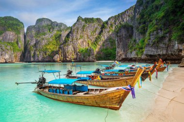 Tayland beach Oda Maya Bay, Ko Phi Phi Leh Adası, Krabi, Andaman Denizi parçası otopark birçok geleneksel longtail tekne ile dik kalker tepe ile yuvarlak