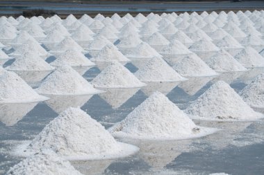 Deniz tuzu doğal okyanus tuzlu su son işleminden önce hazırlama özgün tuz üretim çiftliği make yığını sanayi tüketiciye gönderilen