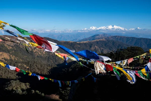 Bandera Tibetana Oración Lung Kangchenjunga Vista Alta Cordillera Desde Sandakphu —  Fotos de Stock