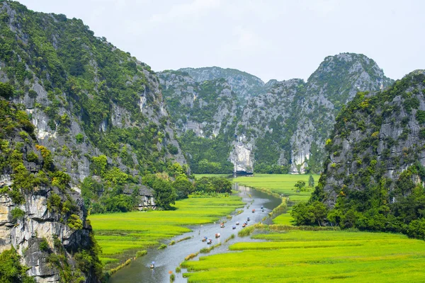 Touristenfahrt Boot für Reise Sehenswürdigkeit sehen Reisfeld auf dem Fluss "n — Stockfoto