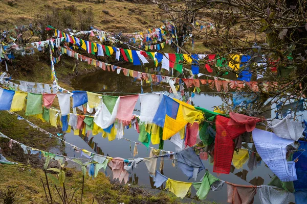 Tibet dua bayrağı veya akciğer ta ve gölet, bayrak yanında bekle — Stok fotoğraf