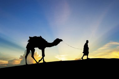 Hindistan Thar Çöl yoluyla deve ile yürüme, siluet göster