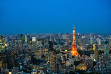 Tokyo Kulesi gece zaman, geniş açılı görünüş, Japonya. 