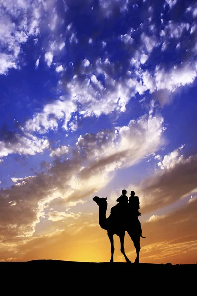 Promenade avec chameau à travers le désert de Thar en Inde, Montrer la silhouette — Photo