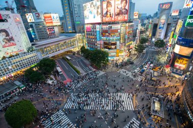 Tokyo, Japonya - 16 Mayıs 2018: Tokyo, Japonya'nın Shibuya semtinde yayalar yaya geçidi. Shibuya Crossing dünyanın en işlek yaya geçitlerinden biridir.