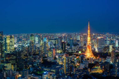 Tokyo Kulesi gece zaman, geniş açılı görünüş, Japonya. 