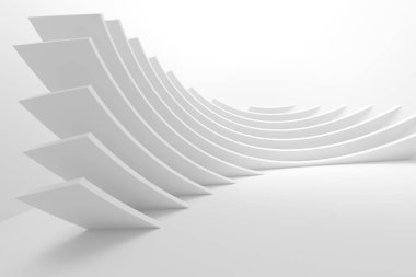 Mimari tasarım. Beyaz fütüristik iç arka plan. Çok az bina inşaatı. 3D render