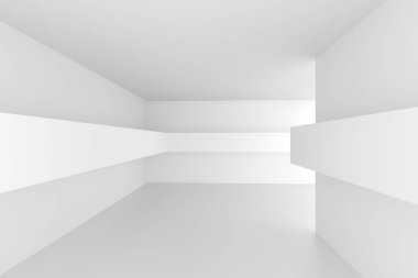 Mimari tasarım. Beyaz fütüristik iç arka plan. Çok az bina inşaatı. 3D render