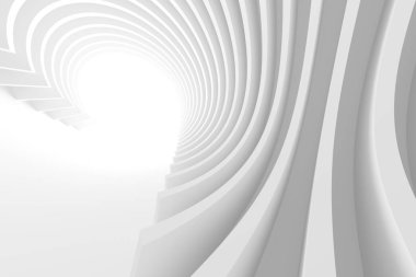 Mimari tasarım. Beyaz fütüristik iç arka plan. Çok az bina inşaatı. 3D render