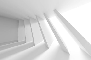 Mimari tasarım. Beyaz fütüristik iç arka plan. Çok az bina inşaatı. 3D render