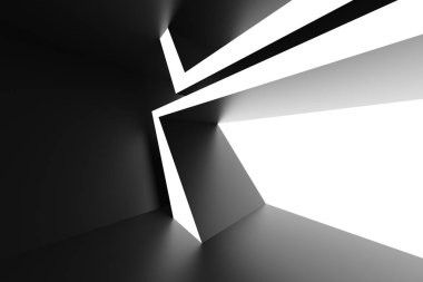 Soyut ışık iç tasarım. Siyah fütüristik mimarisi arka plan. Sıradışı yapı inşaat. 3D render