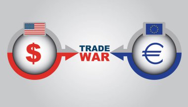 Amerika Birleşik Devletleri ve Avrupa Birliği bayrakları, ticaret savaş ve Brexit, ekonomik çatışma kavramı