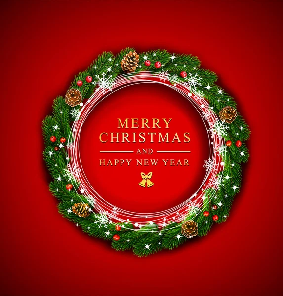 クリスマスと新しい年のベクトルの休日イラスト ラウンド ガーランド モミの枝と赤い果実 松ぼっくり 赤い背景に雪の結晶のクリスマス リース バナーは お祝いカードのテンプレート — ストックベクタ