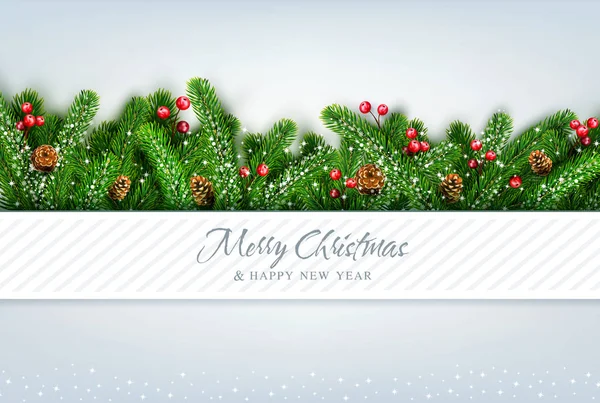 メリー クリスマスと幸せな新年のベクトル図です 新年の松 アレンジワインダー灰色の背景の上の緑の枝のグリーティング カード テンプレート ポストカード フライヤー パンフレット お祝い — ストックベクタ