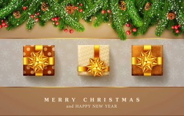 Vektör çizim Noel ve yeni yıl için. Festival elemanları ile üç paketlenmiş hediyeler. Üstten Görünüm. Kartpostal, el ilanı, kutlama broşür zarif tasarım şablonu