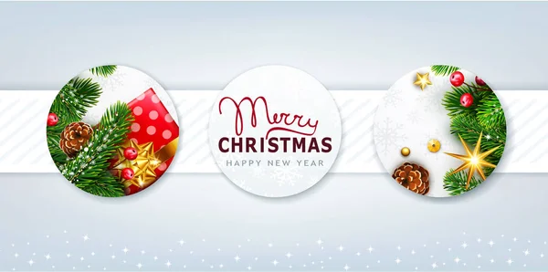 メリー クリスマスと幸せな新年のベクトル図です 新年のボール トウヒ ギフト 灰色の背景に明るい星の枝とグリーティング カード ポストカード フライヤー パンフレットお祝いのエレガントなデザインのテンプレート — ストックベクタ