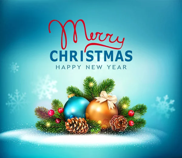 メリー クリスマスと幸せな新年のベクトル図です 新年のボール スプルース 明るい ぼやけて 輝く背景にコーンの枝とグリーティング カード ポストカード フライヤー — ストックベクタ