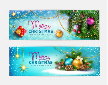 Vektör set, illüstrasyon neşeli Noel ve mutlu yeni yıl için. Yeni yıl topları, Ladin, Hediyelik, parlak yıldız dalları ile tebrik kartı 