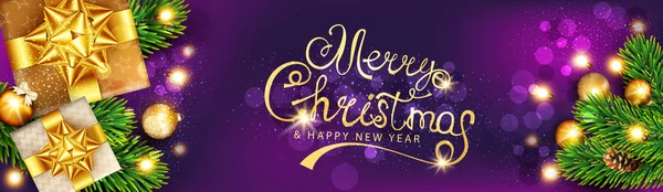 クリスマス イラストの水平ベクトル クリスマス ゴールドのギフト ボックスと金色の星 ボール 紫色の背景にガーランド ポスター バナー カード — ストックベクタ