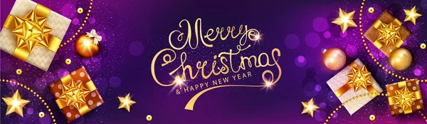 クリスマス イラストの水平ベクトル クリスマス ゴールドのギフト ボックスと金色の星 ボール 紫色の背景にガーランド ポスター バナー カード — ストックベクタ