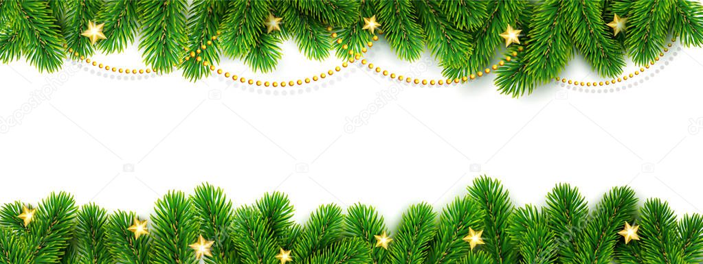 Vector decorative element for design and decoration of cards for Christmas and New Year. Branches of spruce with golden stars and gold gerland isolated on white background.