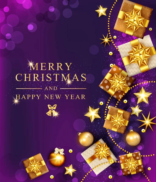 ベクター クリスマスのイラスト クリスマス ゴールドのギフト ボックスと金色の星 ボール 紫色の背景にガーランド ポスター バナー カード — ストックベクタ