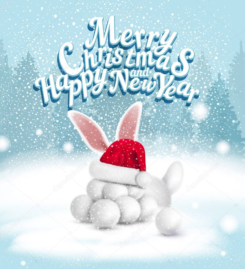 Vector illustration. Postcard for Christmas and New Year with snowfall, snowballs, Santa Claus hat and hare ears sticking out of a snowdrift.