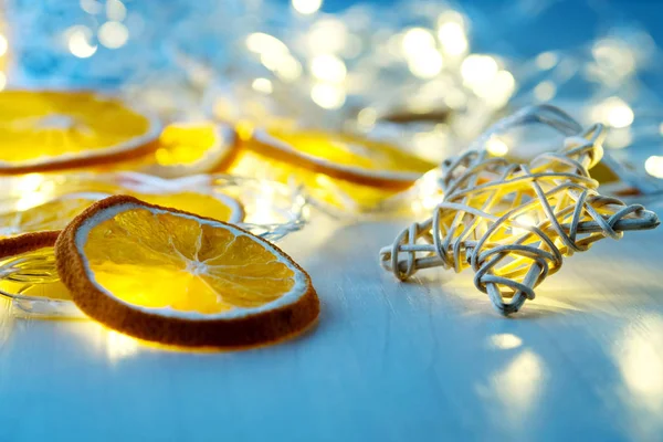 Romantic festive background for postcard, banner: dried oranges — Stock Photo, Image