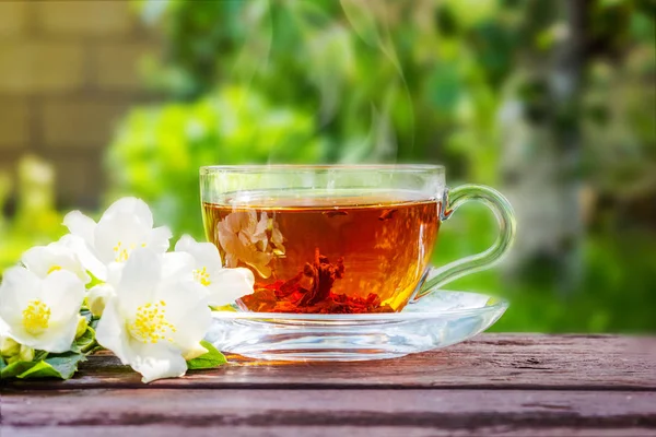 Glass cup with tea and jasmine twig on wooden table, on blurred — Stock Photo, Image