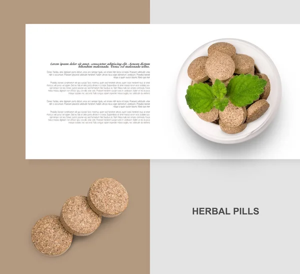 Creative page layout with isolate herbal pills. Alternative supp — Stock Photo, Image