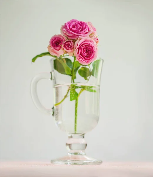 Романтический фон: ветвь роз в стакане . — стоковое фото