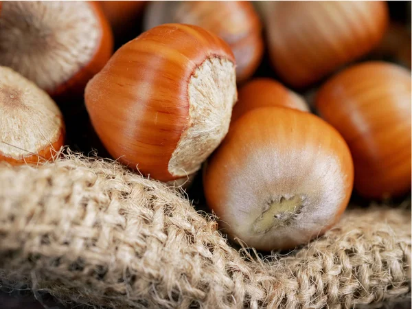 Fındığın jüt poşetinde, yakın çekim, makro. Gıda consept