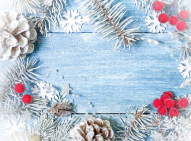 Noel, Yeni Yıl arka plan. Beyaz ladin dalları, koniler