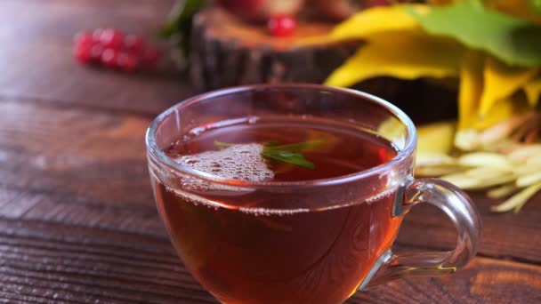 Té caliente sobre una mesa de madera sobre el fondo de la cosecha (calabazas, manzanas) y coloridas hojas otoñales . — Vídeos de Stock