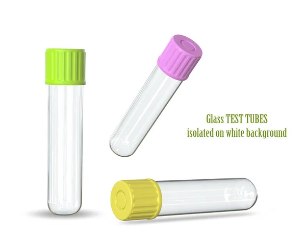 Set Three Glass Test Tubes Multi Colored Plastic Caps Isolated — Stock Photo, Image