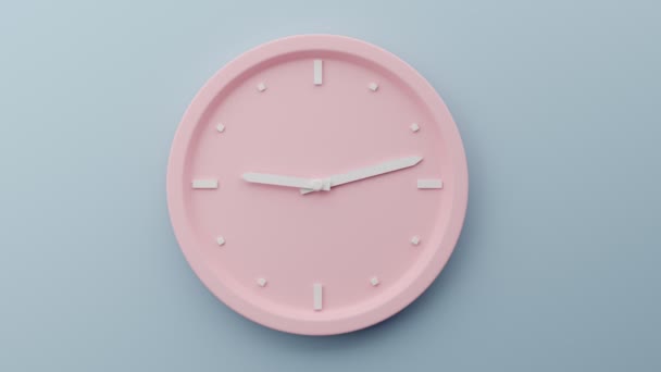 Концепція часу. Рожевий годинник з білими стрілками, що висять на сіро-блакитній стіні. Рух стрілки. 3D рендеринг. Проміжок часу — стокове відео