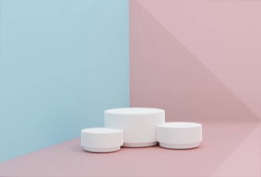  Pembe-mavi minimal sahne, kozmetik ürün sunumu için podyum. Pastel renklerde geometrik podyum platformu olan soyut bir arkaplan. Tasarım, sunum, 3D illüstrasyon için şablon. Hazırla