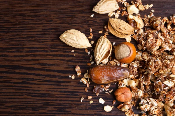 Granola Nuts Grains Wooden Background Top View — Stock Photo, Image