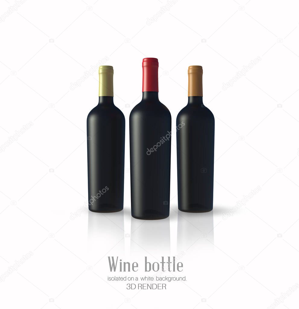 Three  bottle of wine made of black matte glass on a white background. Alcohol close-up. Soft glares. 3d render. Template for design, advertising, branding.