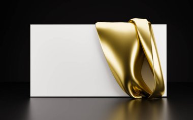 Üzerinde altın kumaş örtüsü olan yatay beyaz kart. 3 boyutlu illüstrasyon. Sunum şablonu, reklam. Hazırla