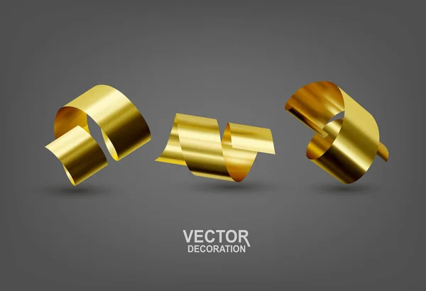 Ilustración Vectorial Realista Con Tres Cintas Confeti Oro Objetos Aislados — Vector de stock