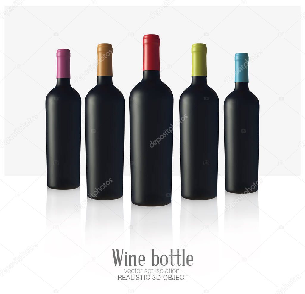 Vector bottls of wine made of black matte glass, isolated on a white background. Alcohol close-up. Soft glares. 3d render. Template for design, advertising, branding.