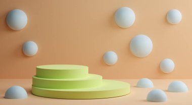 Mavi kürelerle çevrili, kumlu arka planda üç katmanlı kaidesi olan soyut bir sahne. 3 boyutlu görüntüleme. Modern promosyon, sunum, markalaşma şablonu