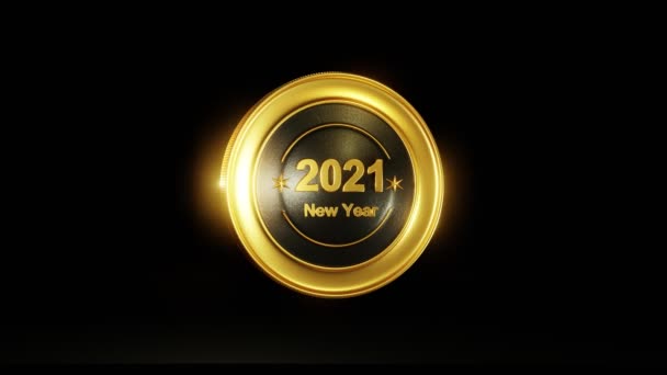 ゴールド、光沢のある、明るいラウンド記号、黒の背景に2021年新年の碑文とアイコン。円の中の回転。3Dレンダリング。ループ4kビデオ — ストック動画
